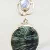 Sterling Silver Large Oval Seraphinite with Moonstone Pendant on Silver Chain