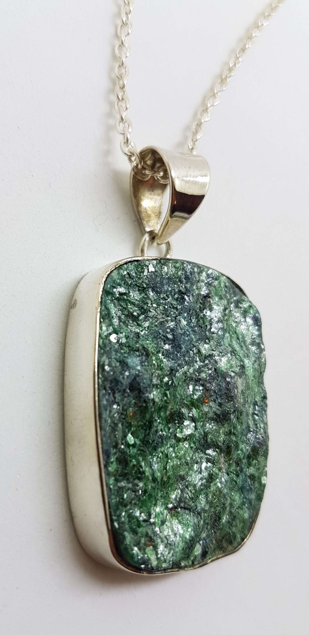 Sterling Silver Large Rectangular Fuchsite Pendant on Silver Chain