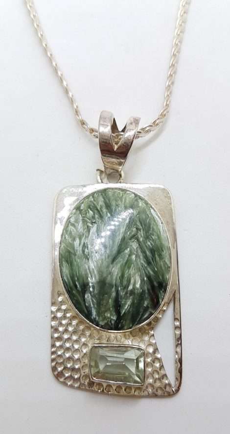 Sterling Silver Oval Seraphinite in Rectangular Setting with Green Amethyst / Prasiolite Pendant on Silver Chain