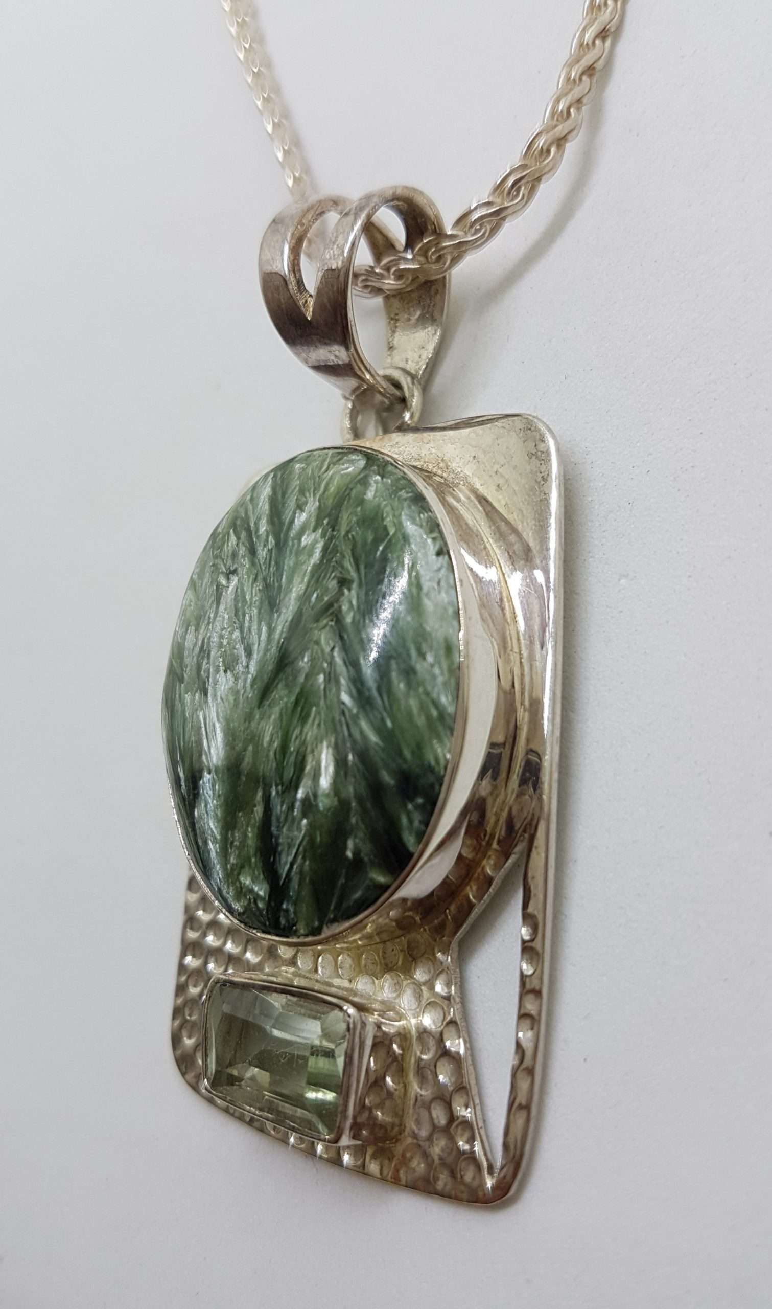 Sterling Silver Oval Seraphinite in Rectangular Setting with Green Amethyst / Prasiolite Pendant on Silver Chain