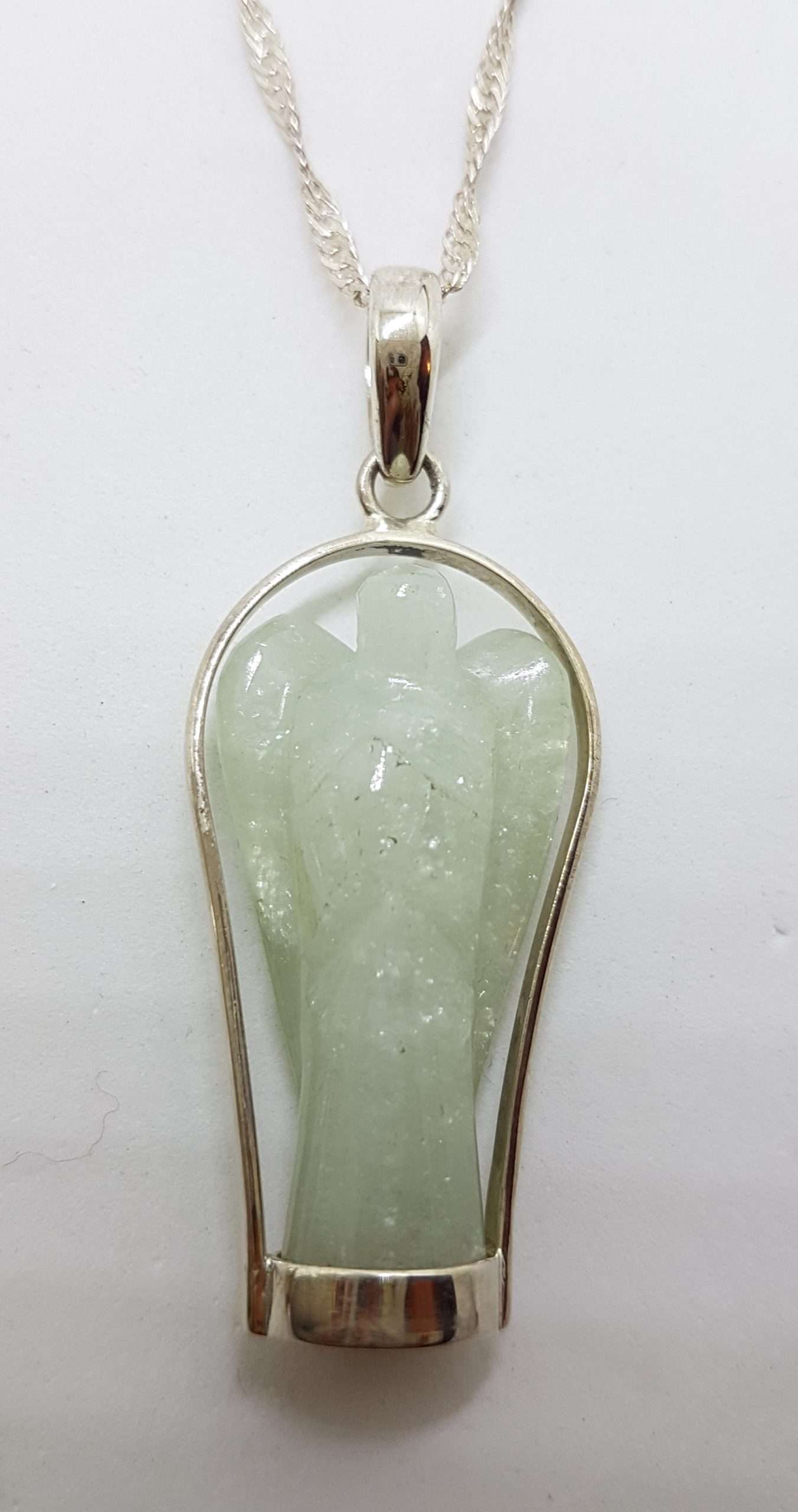 Sterling Silver Carved Jade Guardian Angel Pendant on Silver Chain