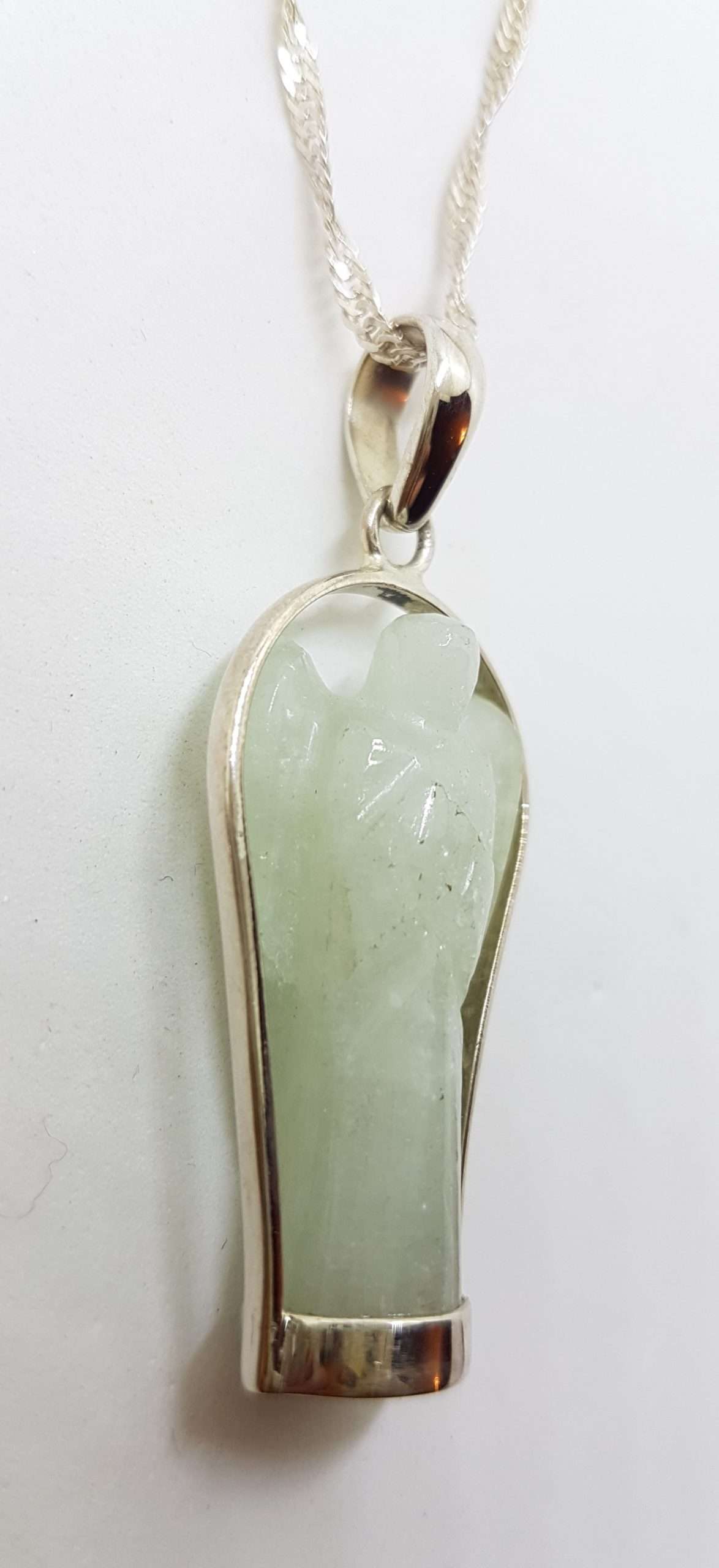 Sterling Silver Carved Jade Guardian Angel Pendant on Silver Chain