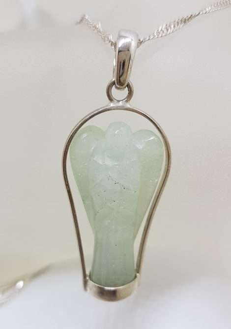 Sterling Silver Carved Jade Guardian Angel Pendant on Silver Chain