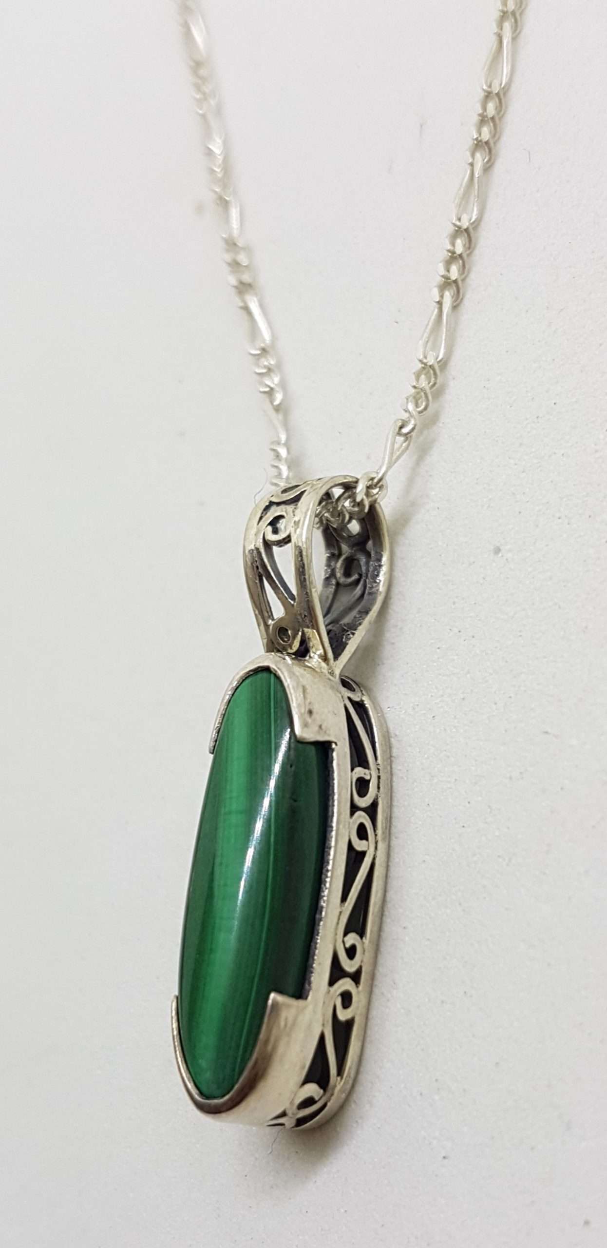 20200826_195136 Sterling Silver Ornate Filigree Oval Malachite Pendant on Silver Chain