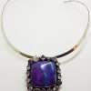 Sterling Silver Large Square Surrounded by Amethyst and Topaz Large Pendant on Silver Choker Chain / Necklace