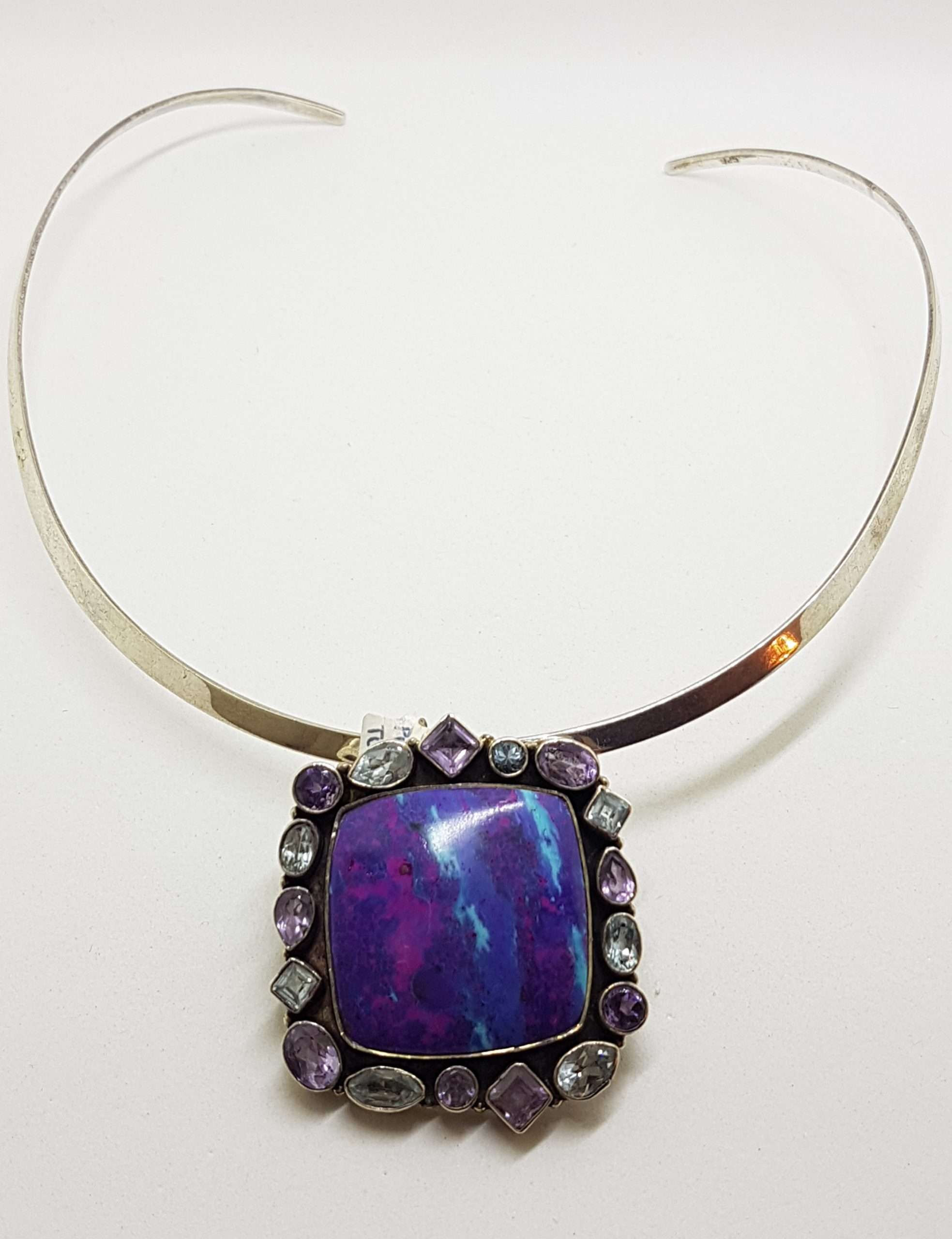 Sterling Silver Large Square Surrounded by Amethyst and Topaz Large Pendant on Silver Choker Chain / Necklace