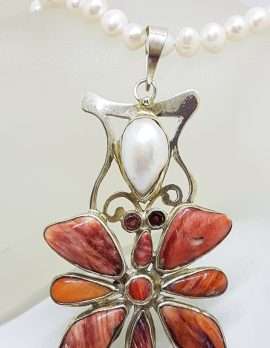 Sterling Silver Very Large Ornate Coral, Pearl and Garnet Pendant on Pearl Chain Necklace