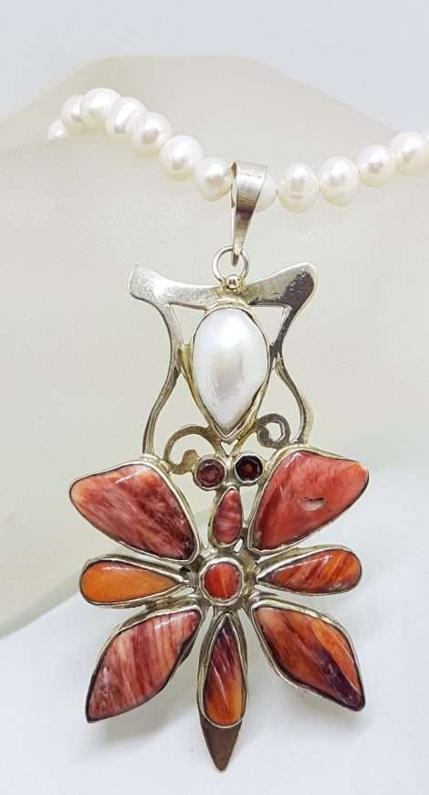 Sterling Silver Very Large Ornate Coral, Pearl and Garnet Pendant on Pearl Chain Necklace