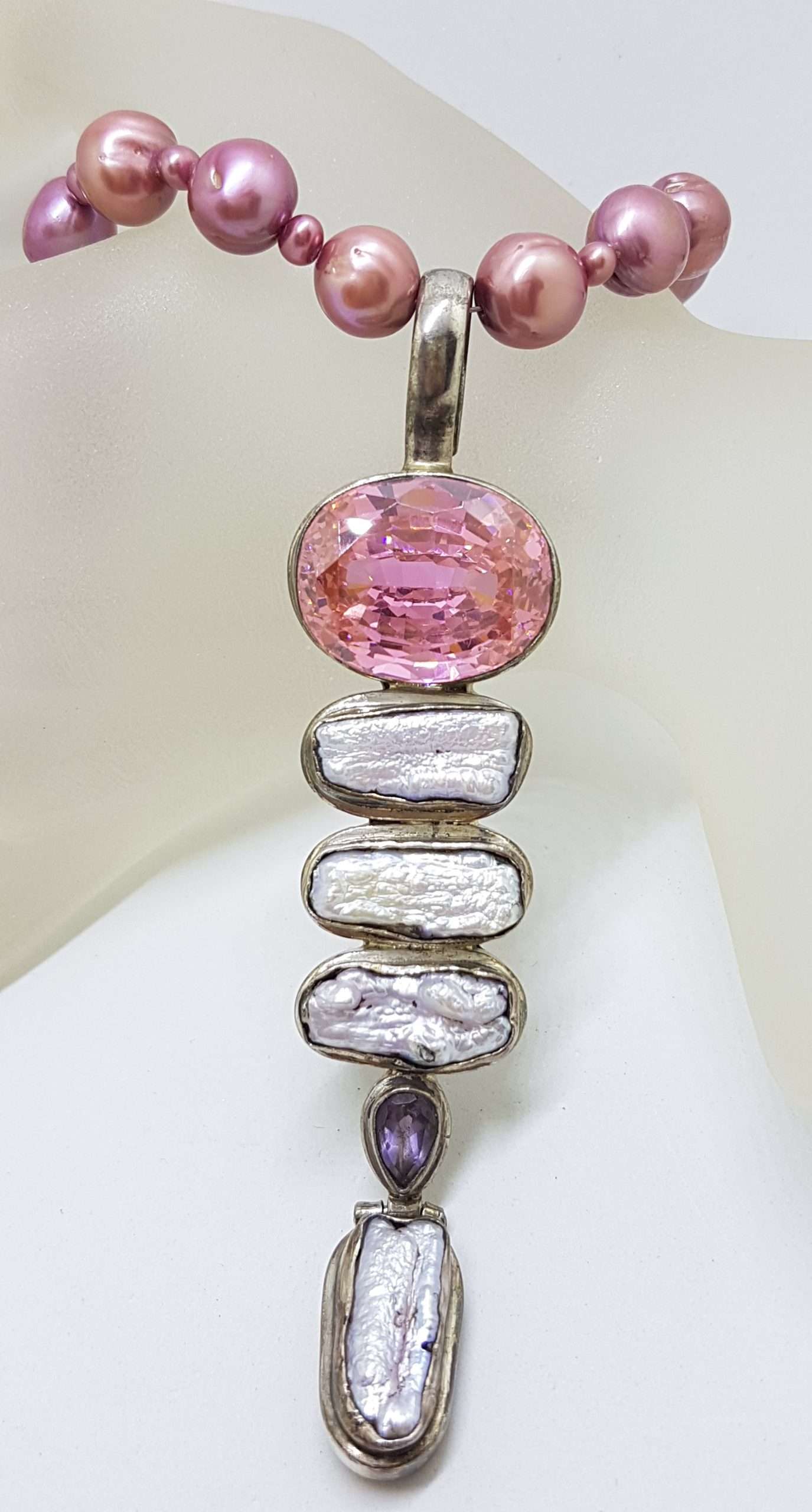 Sterling Silver Very Long Drop Pearl, Pink Cubic Zirconia and Amethyst Pendant on Pearl Necklace