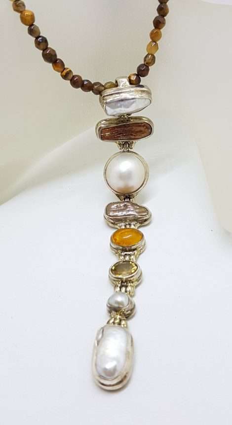 Sterling Silver Very Long Drop Pearl ( Blister and Mabe ) with Citrine Pendant on Tiger Eye Bead Necklace