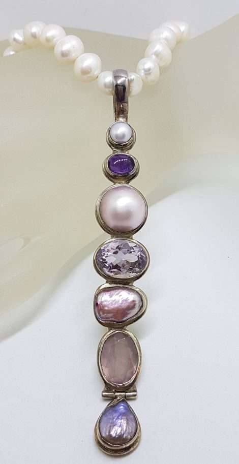 Sterling Silver Very Long Drop Pearl ( Blister and Mabe ) with Amethyst Pink and Purple Pendant on Pearl Chain Necklace