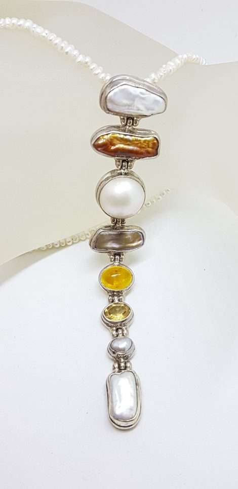 Sterling Silver Very Long Drop Pearl ( Blister and Mabe ) with Citrine Pendant on Pearl Chain Necklace