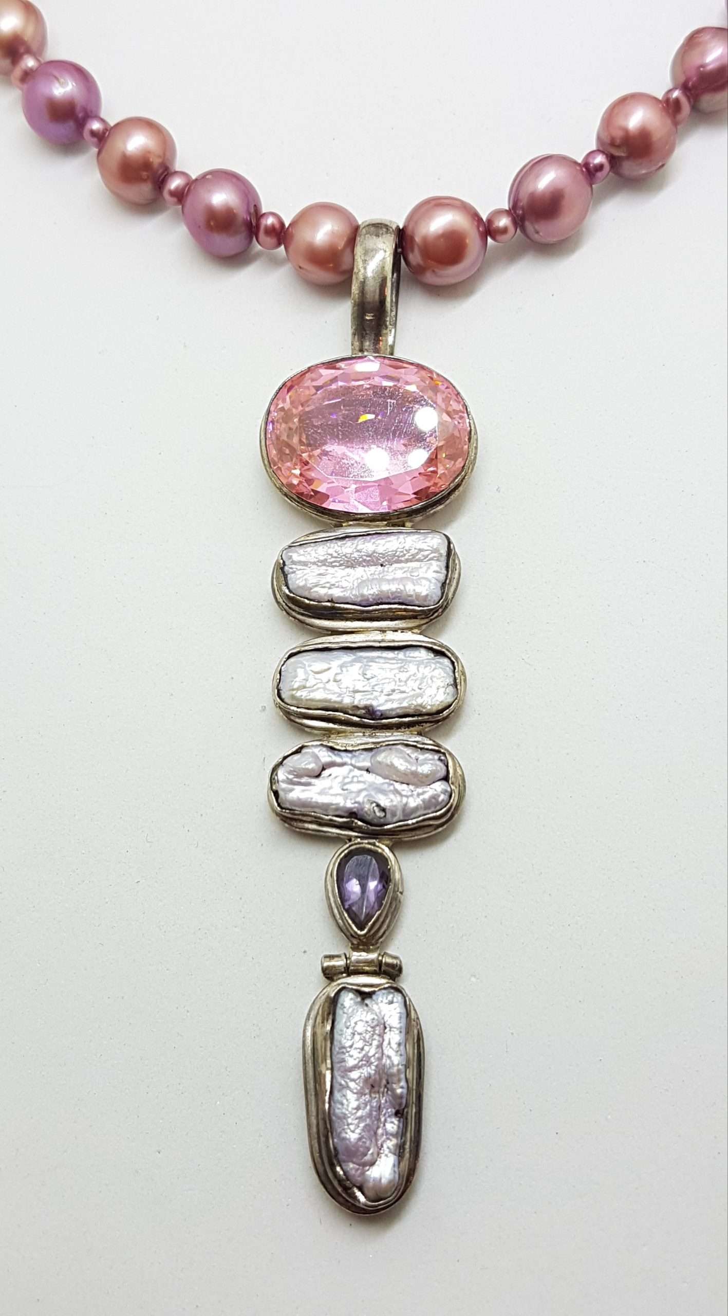 Sterling Silver Very Long Drop Pearl, Pink Cubic Zirconia and Amethyst Pendant on Pearl Necklace