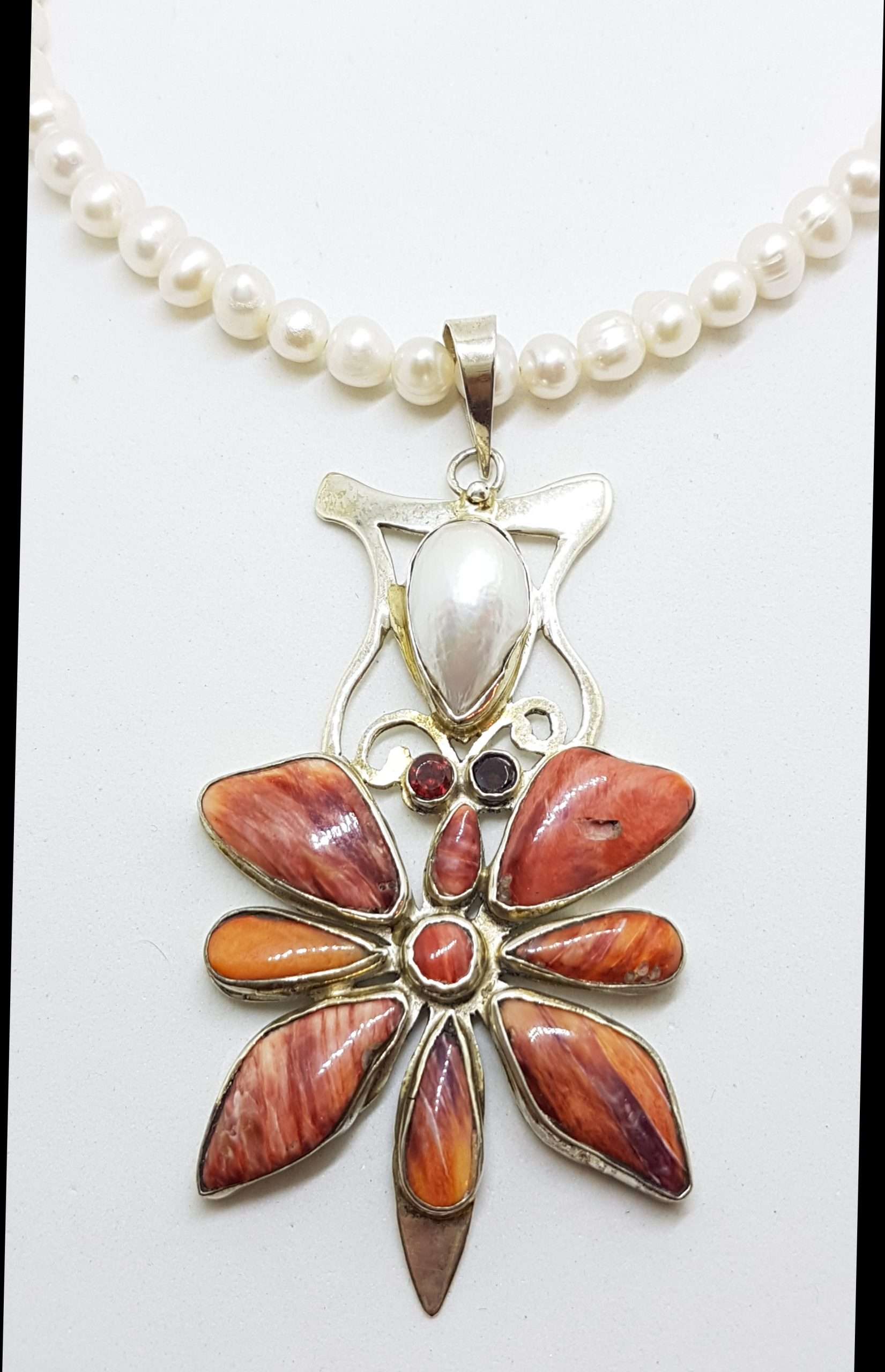 20200826_200022 Sterling Silver Very Large Ornate Coral, Pearl and Garnet Pendant on Pearl Chain Necklace