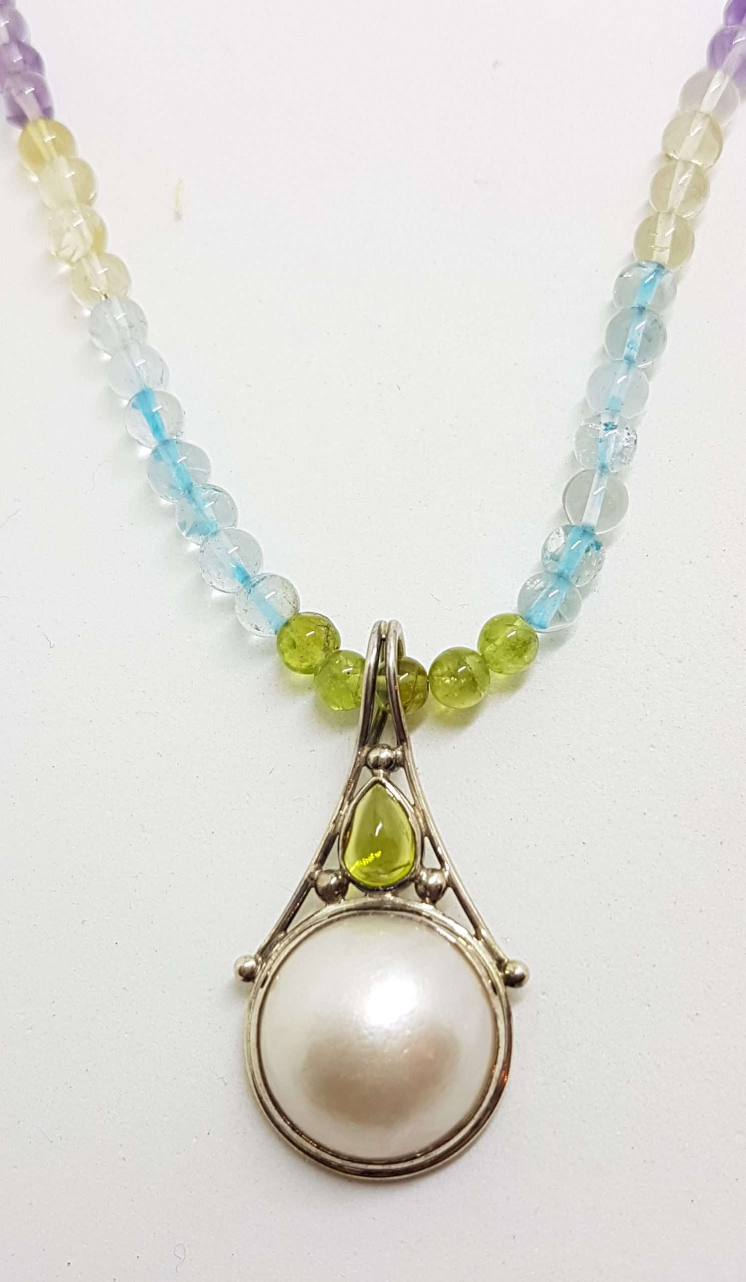 20200826_200246 Sterling Silver Ornate Mabe Pearl & Peridot Pendant on Multi-Colour Gemstone Bead Necklace Chain