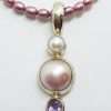 Sterling Silver Long Mabe Pearl & Amethyst Pendant on Dark Pink Pearl Necklace Chain