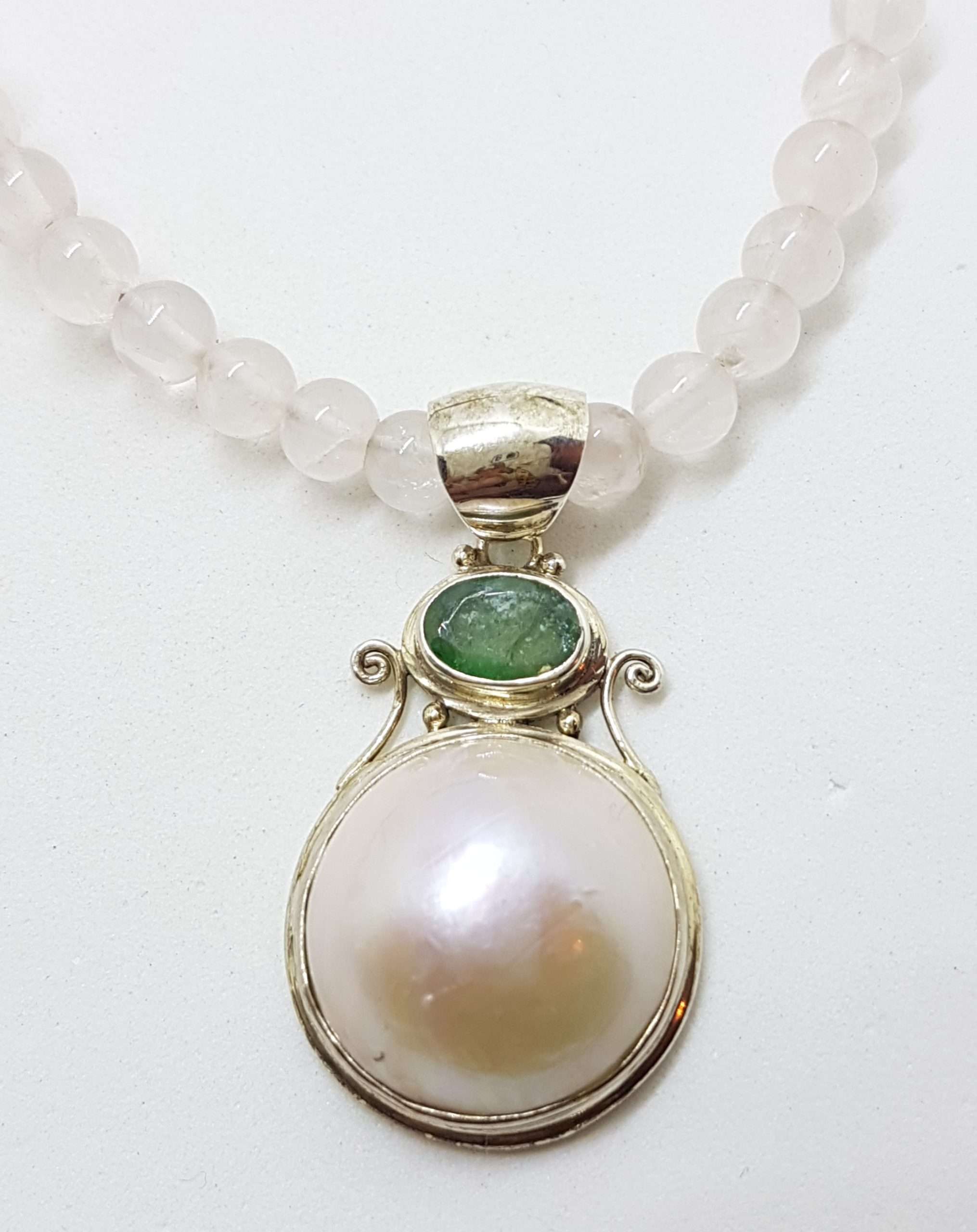 20200826_200318 Sterling Silver Mabe Pearl & Emerald Pendant on Rose Quartz Bead Necklace Chain