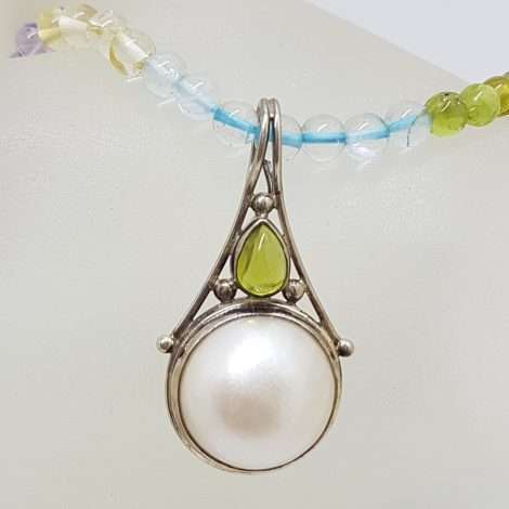 Sterling Silver Ornate Mabe Pearl & Peridot Pendant on Multi-Colour Gemstone Bead Necklace Chain