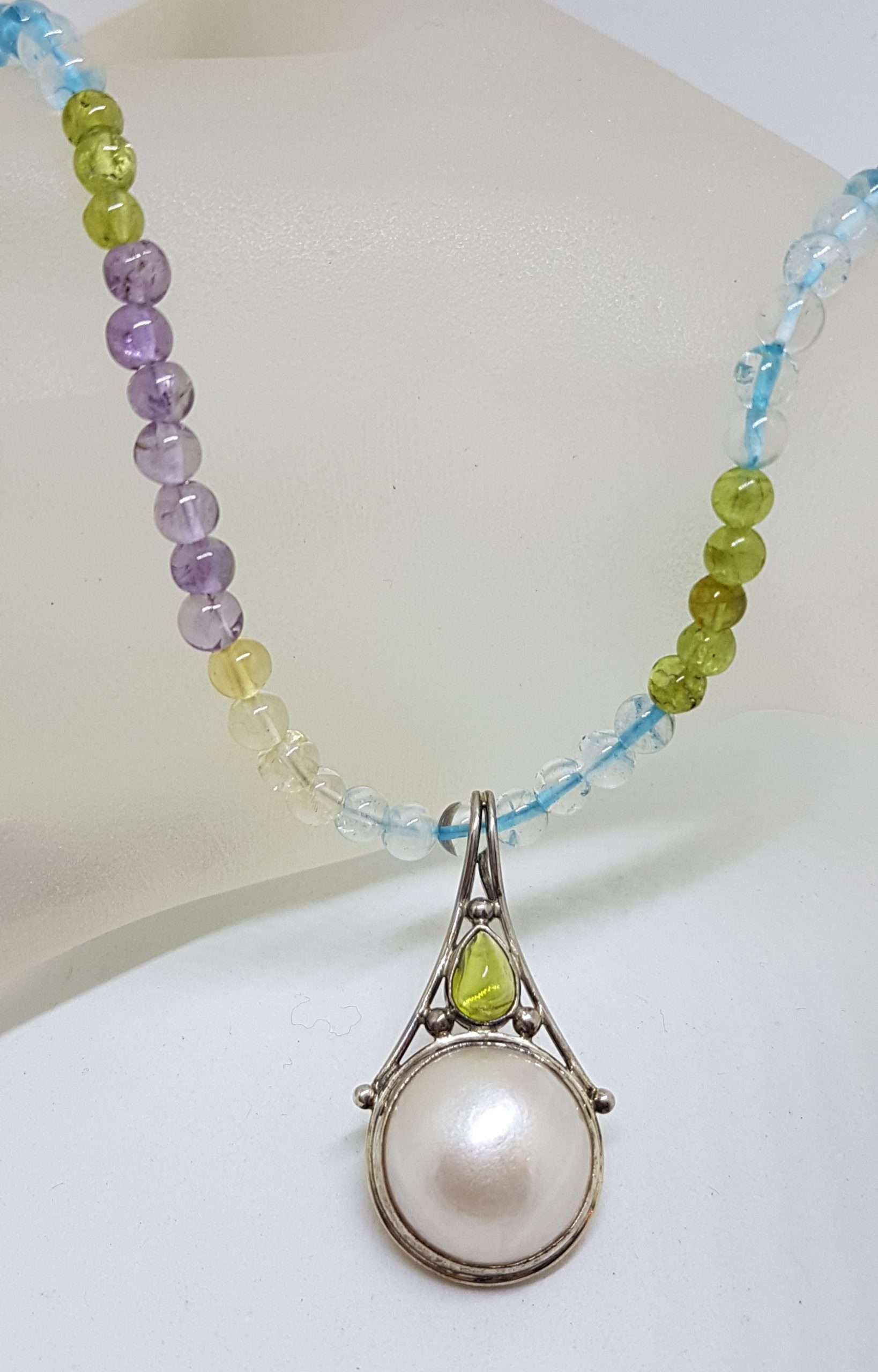 20200826_200359 Sterling Silver Ornate Mabe Pearl & Peridot Pendant on Multi-Colour Gemstone Bead Necklace Chain