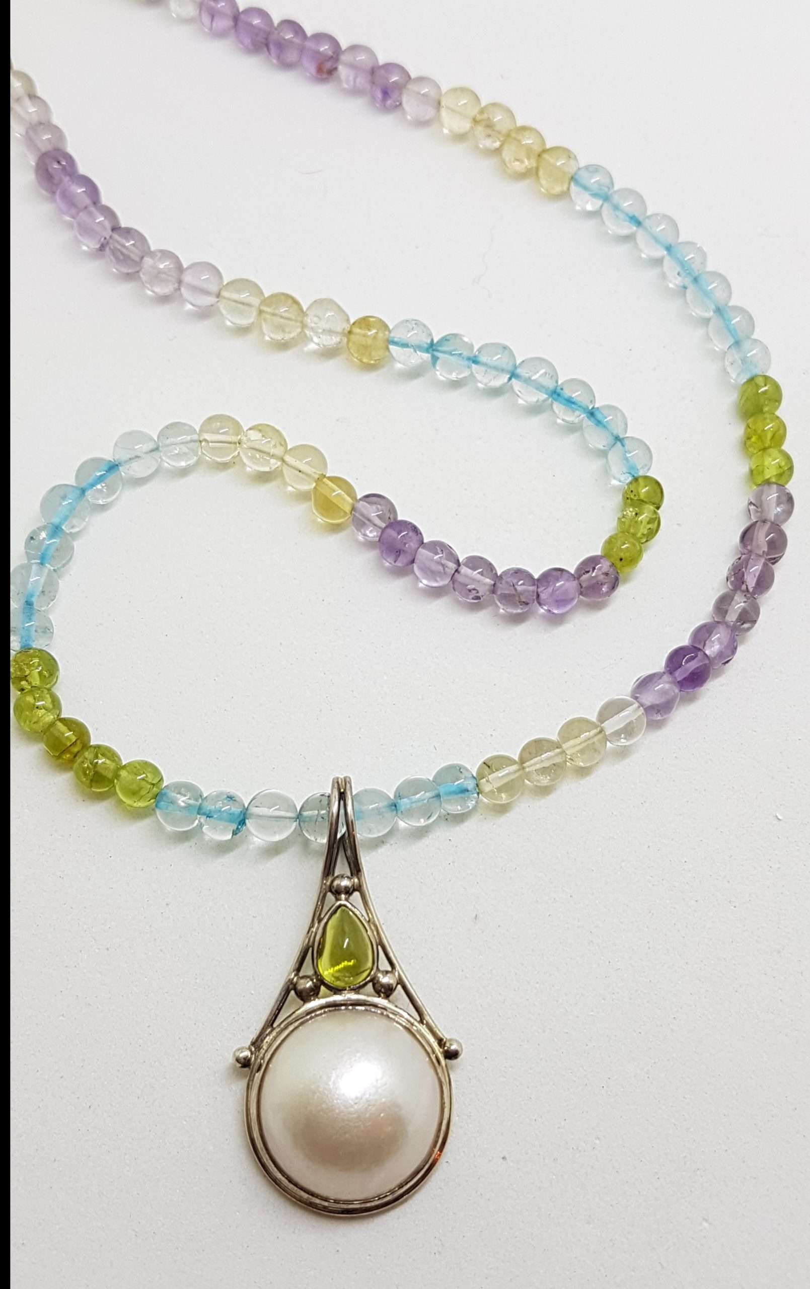 20200826_200415 Sterling Silver Ornate Mabe Pearl & Peridot Pendant on Multi-Colour Gemstone Bead Necklace Chain