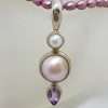 Sterling Silver Long Mabe Pearl & Amethyst Pendant on Dark Pink Pearl Necklace Chain