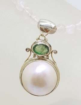 Sterling Silver Mabe Pearl & Emerald Pendant on Rose Quartz Bead Necklace Chain