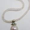 Sterling Silver Mabe Pearl & Emerald Pendant on Rose Quartz Bead Necklace Chain