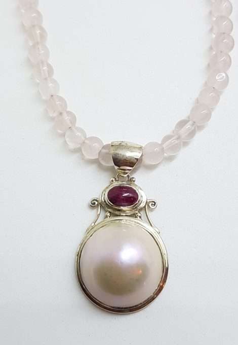Sterling Silver Mabe Pearl & Pink Tourmaline Pendant on Rose Quartz Bead Necklace Chain