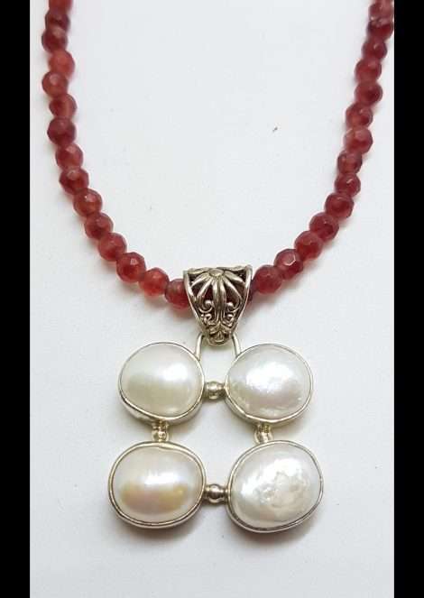 Sterling Silver 4 Pearl Cluster Pendant on Gemstone Bead Necklace Chain
