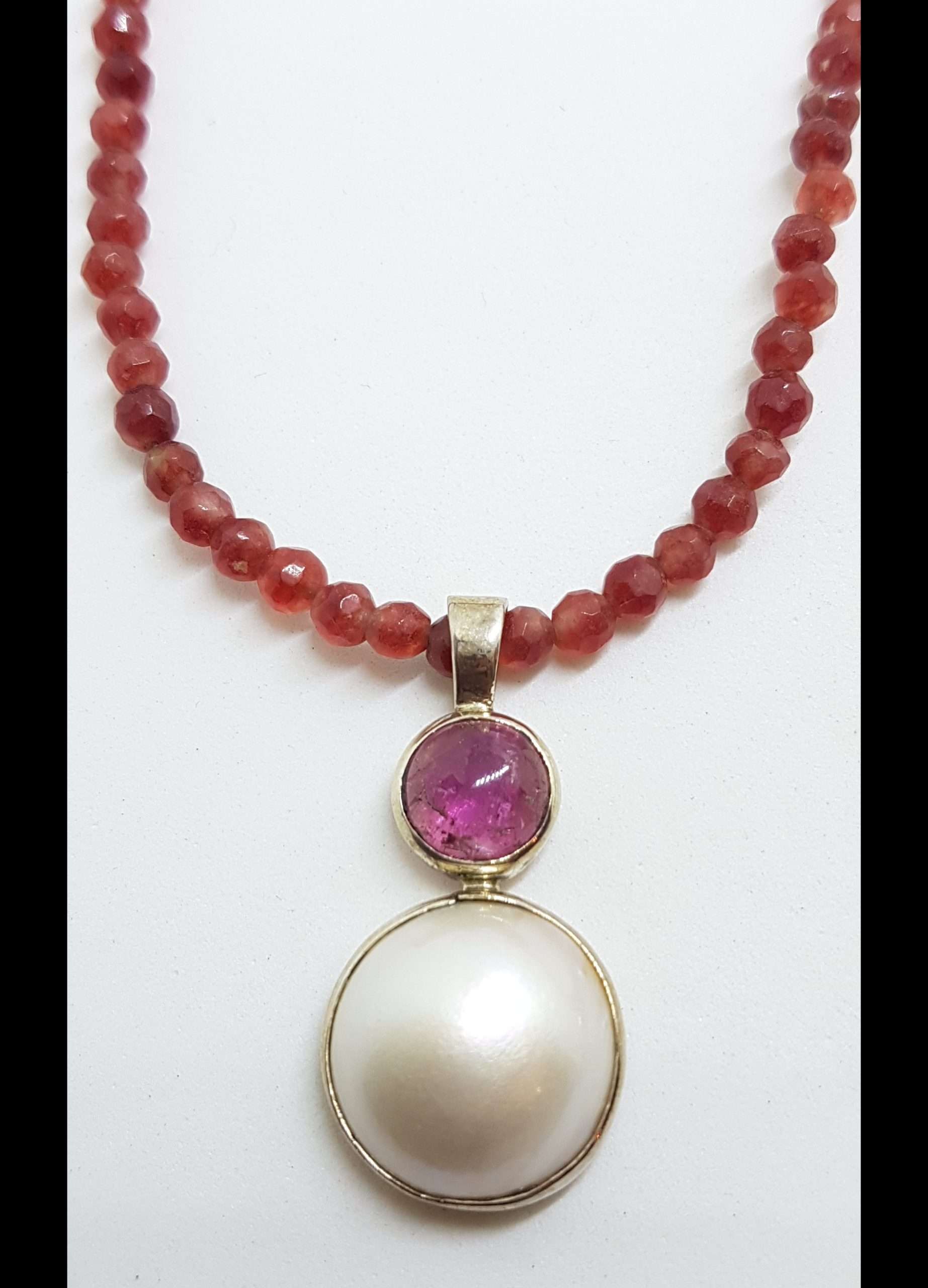 20200826_200651 Sterling Silver Mabe Pearl & Pink Tourmaline Pendant on Silver Chain