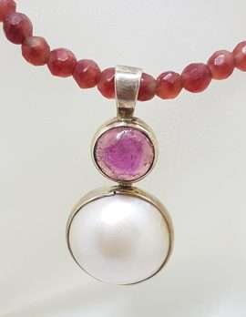 Sterling Silver Mabe Pearl & Pink Tourmaline Pendant on Silver Chain