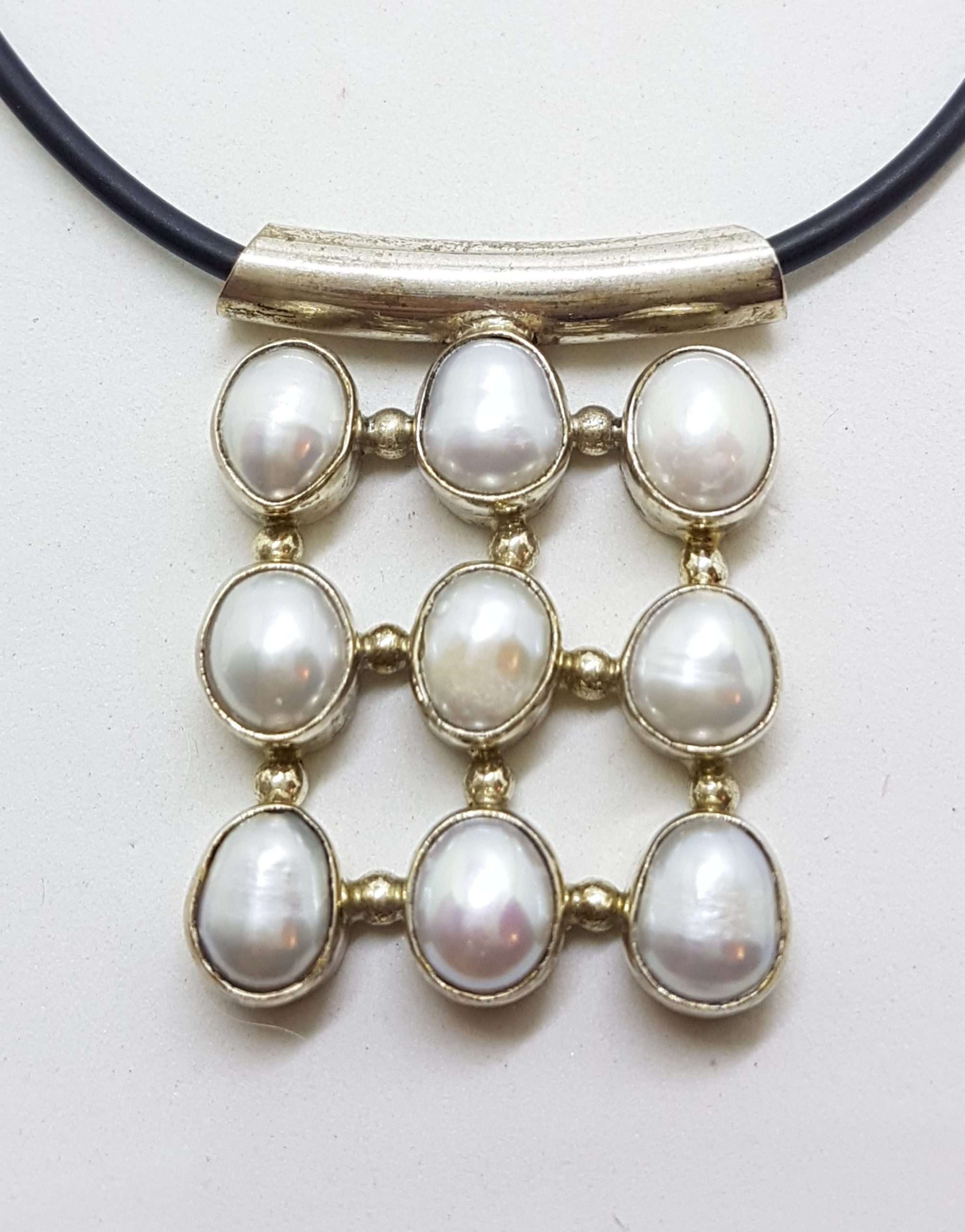 20200826_200933 Sterling Silver 9 Pearl Square Cluster Pendant on Neoprene Chain / Necklace