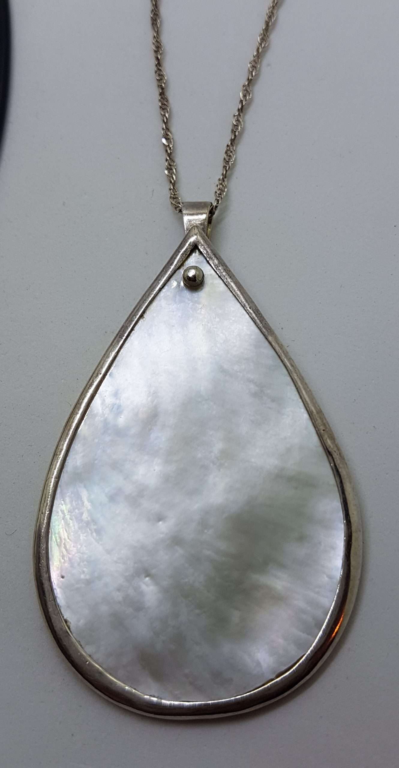 20200826_200951 Sterling Silver Large Teardrop Pear Shape Mother of Pearl Pendant on Silver Chain