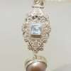 Sterling Silver Long Ornate Topaz with Pearl Drop Pendant on Pearl Chain / Necklace