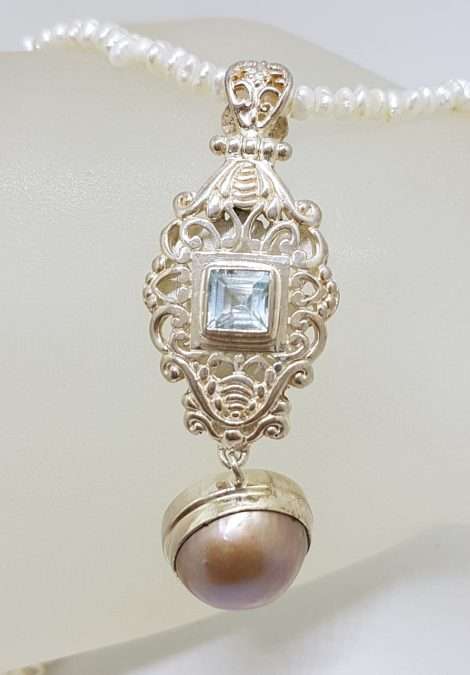 Sterling Silver Long Ornate Topaz with Pearl Drop Pendant on Pearl Chain / Necklace