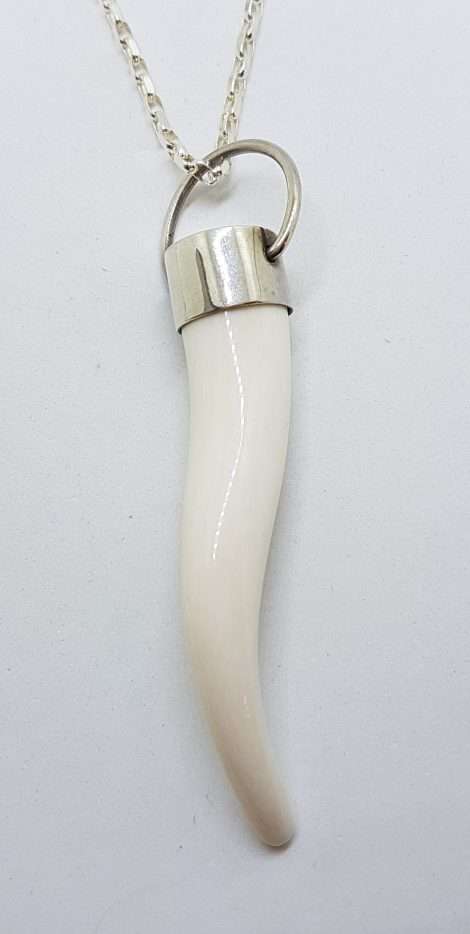 Sterling Silver Ivory Cornicello / Horn Pendant on Long Silver Chain
