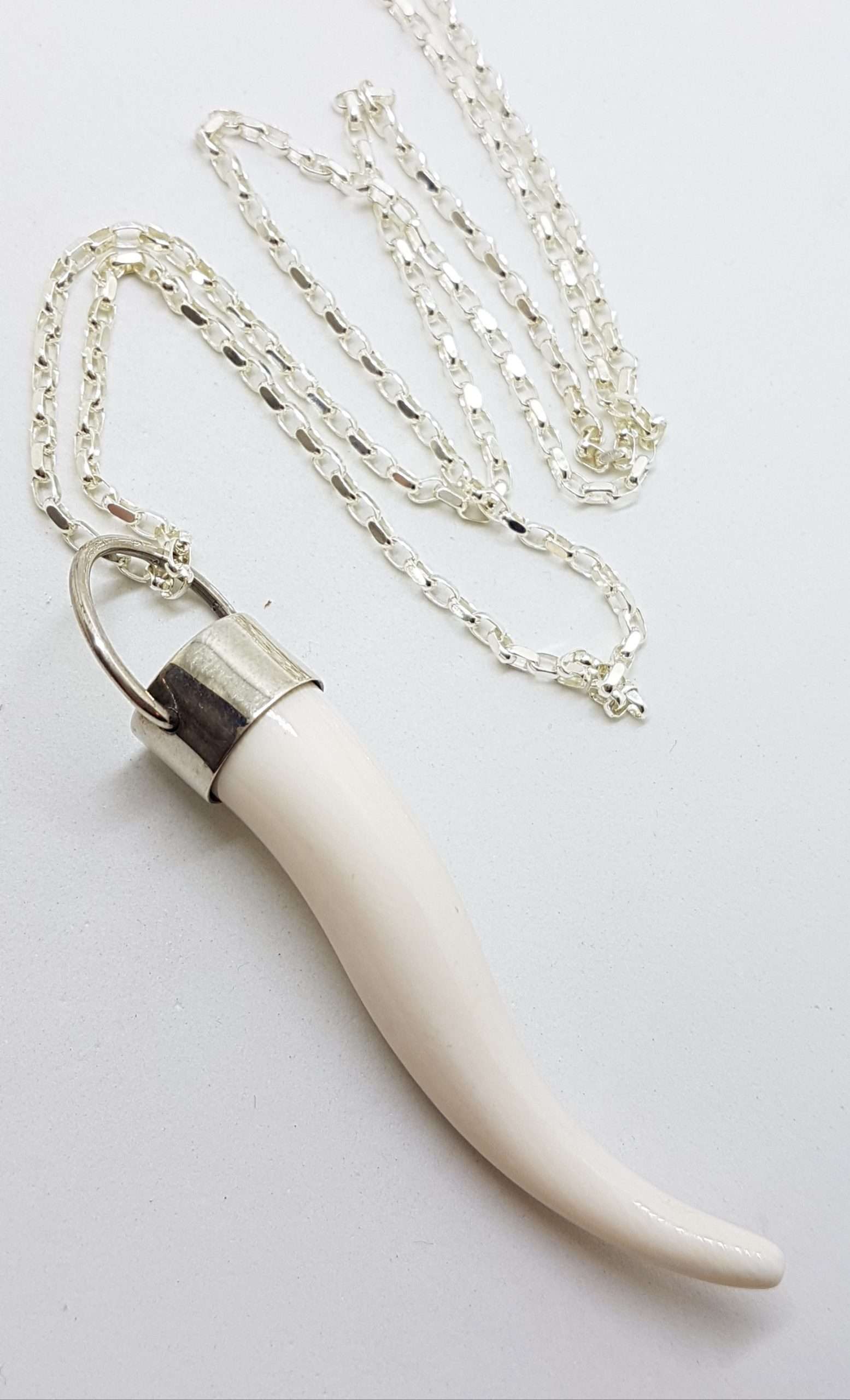 Sterling Silver Ivory Cornicello / Horn Pendant on Long Silver Chain