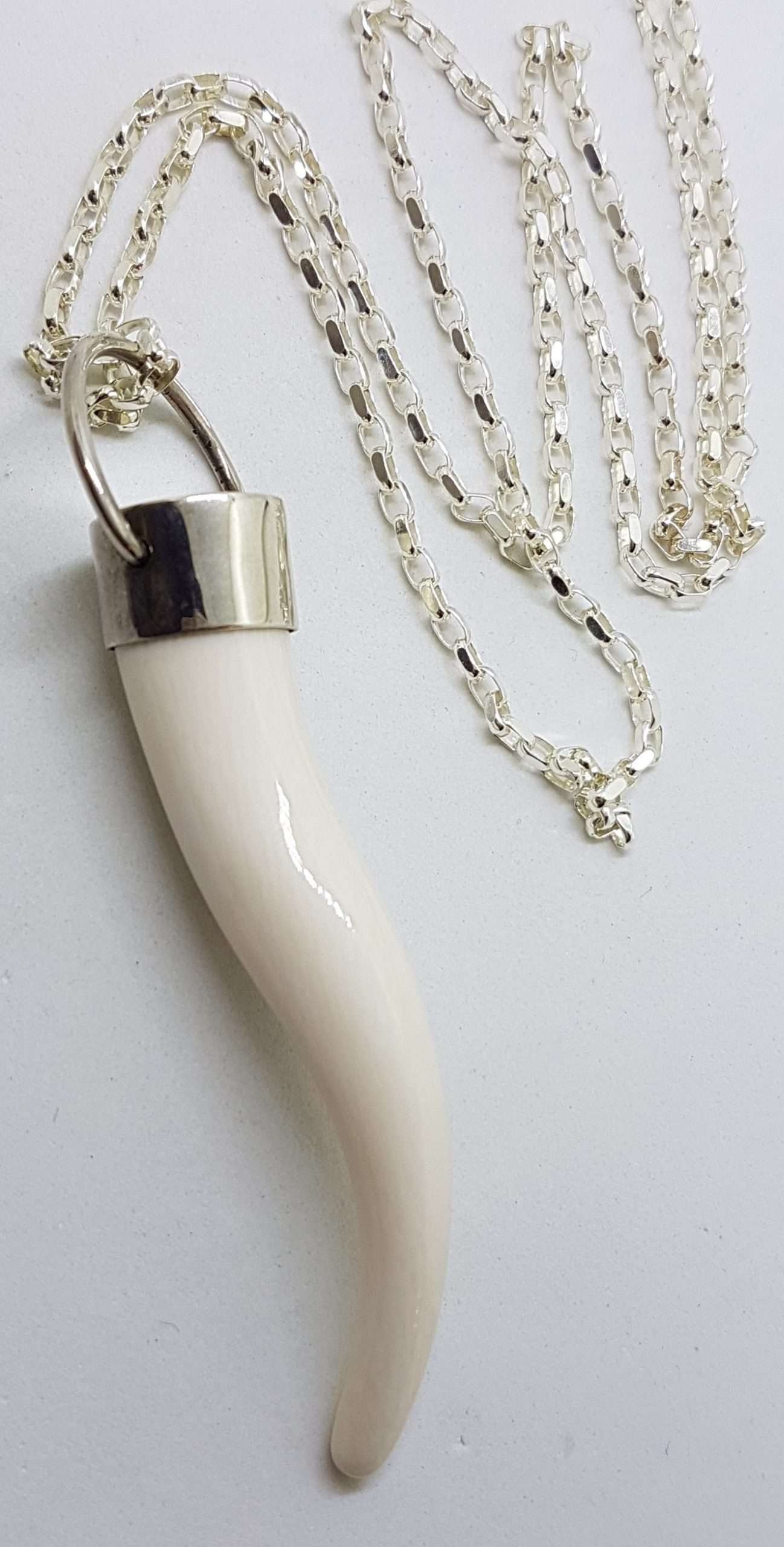 Sterling Silver Ivory Cornicello / Horn Pendant on Long Silver Chain