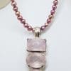 Sterling Silver Very Long Rose Quartz Pendant on Pink Pearl Necklace / Chain