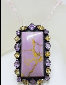 Sterling Silver Large Phosphosiderite surrounded by Amethyst and Citrine Pendant on Rose Quartz Bead Necklace / Chain
