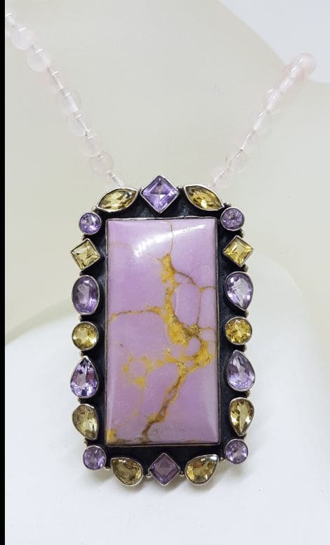 Sterling Silver Large Phosphosiderite surrounded by Amethyst and Citrine Pendant on Rose Quartz Bead Necklace / Chain