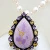 Sterling Silver Large Phosphosiderite surrounded by Amethyst and Citrine Pendant on Pearl Necklace / Chain - Teardrop Pear Shape