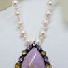 Sterling Silver Large Phosphosiderite surrounded by Amethyst and Citrine Pendant on Pearl Necklace / Chain - Teardrop Pear Shape