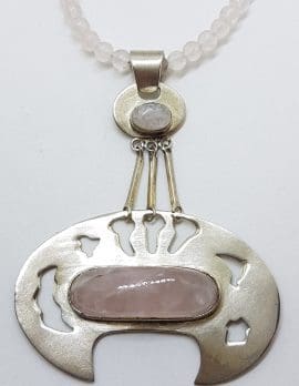 Sterling Silver Large Unusual Rose Quartz Pendant on Rose Quartz Bead Necklace / Chain