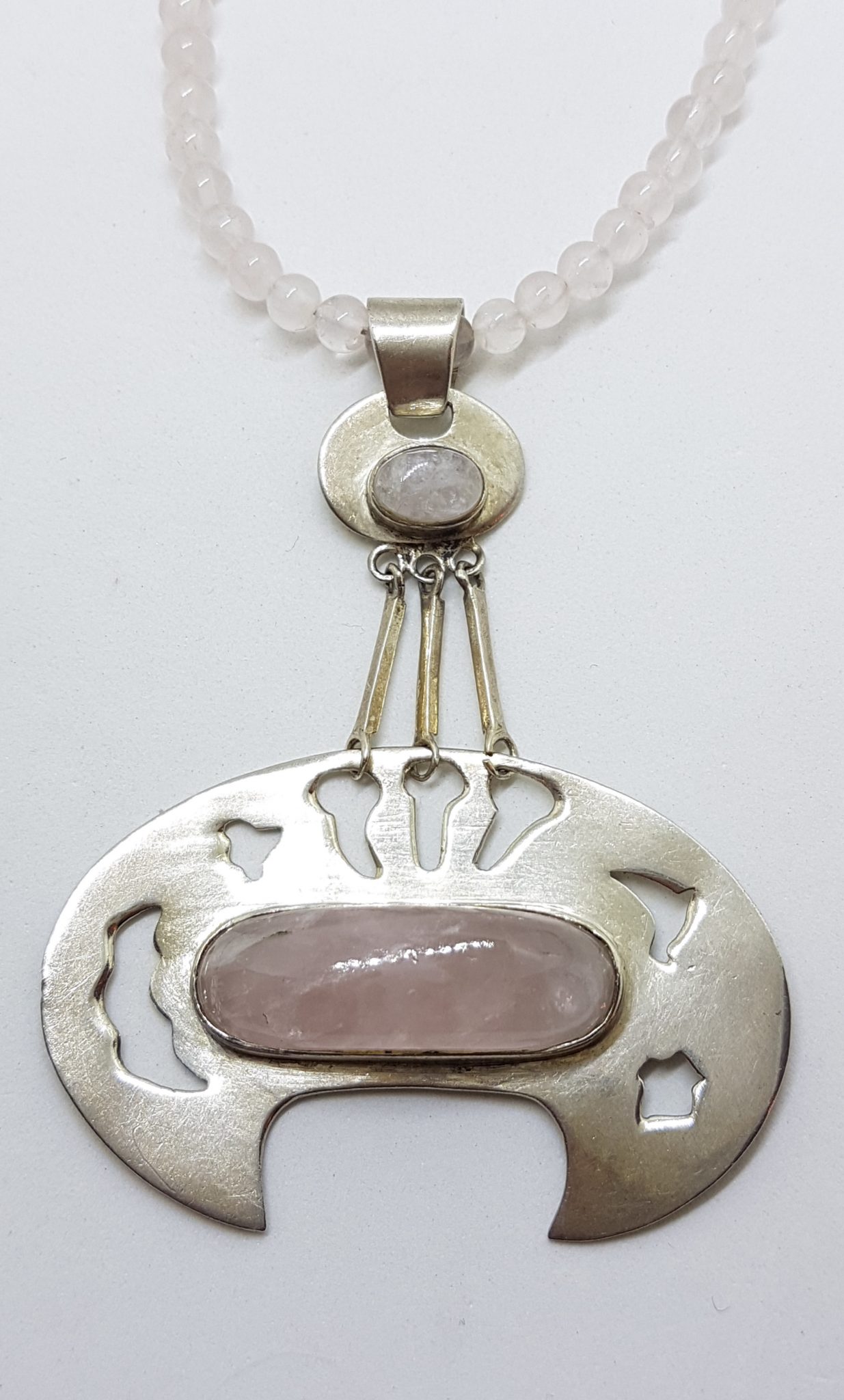 Sterling Silver Large Unusual Rose Quartz Pendant on Rose Quartz Bead Necklace / Chain