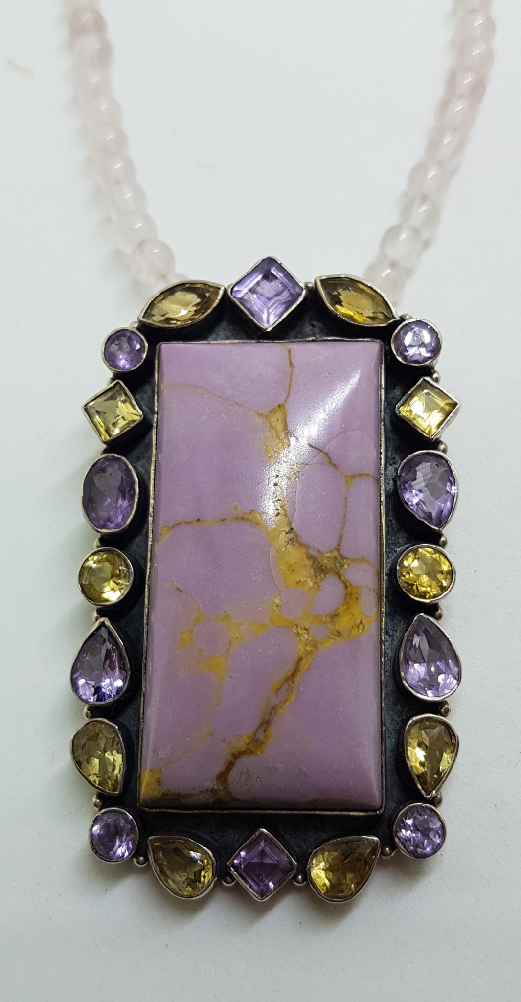 Sterling Silver Large Phosphosiderite surrounded by Amethyst and Citrine Pendant on Rose Quartz Bead Necklace / Chain