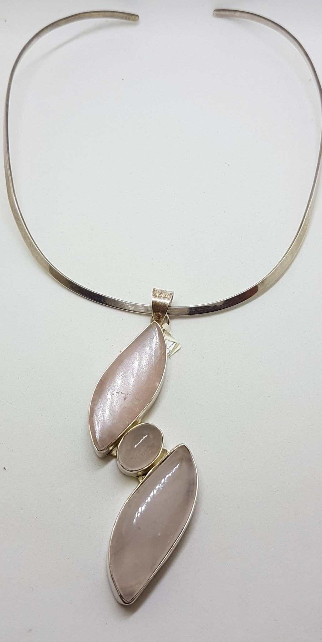 Sterling Silver Very Long Rose Quartz Pendant on Silver Choker Necklace / Chain