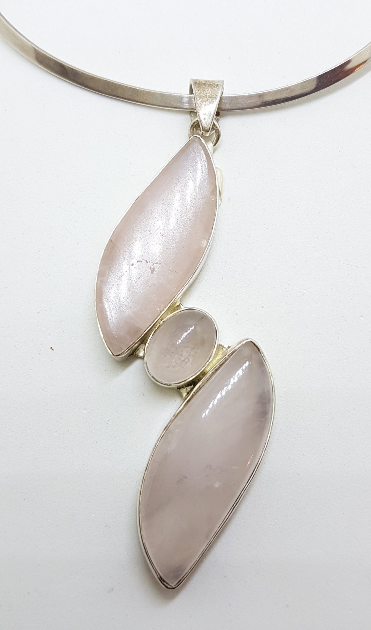 Sterling Silver Very Long Rose Quartz Pendant on Silver Choker Necklace / Chain