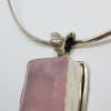 Sterling Silver Large Square Rose Quartz Pendant on Silver Choker Necklace / Chain