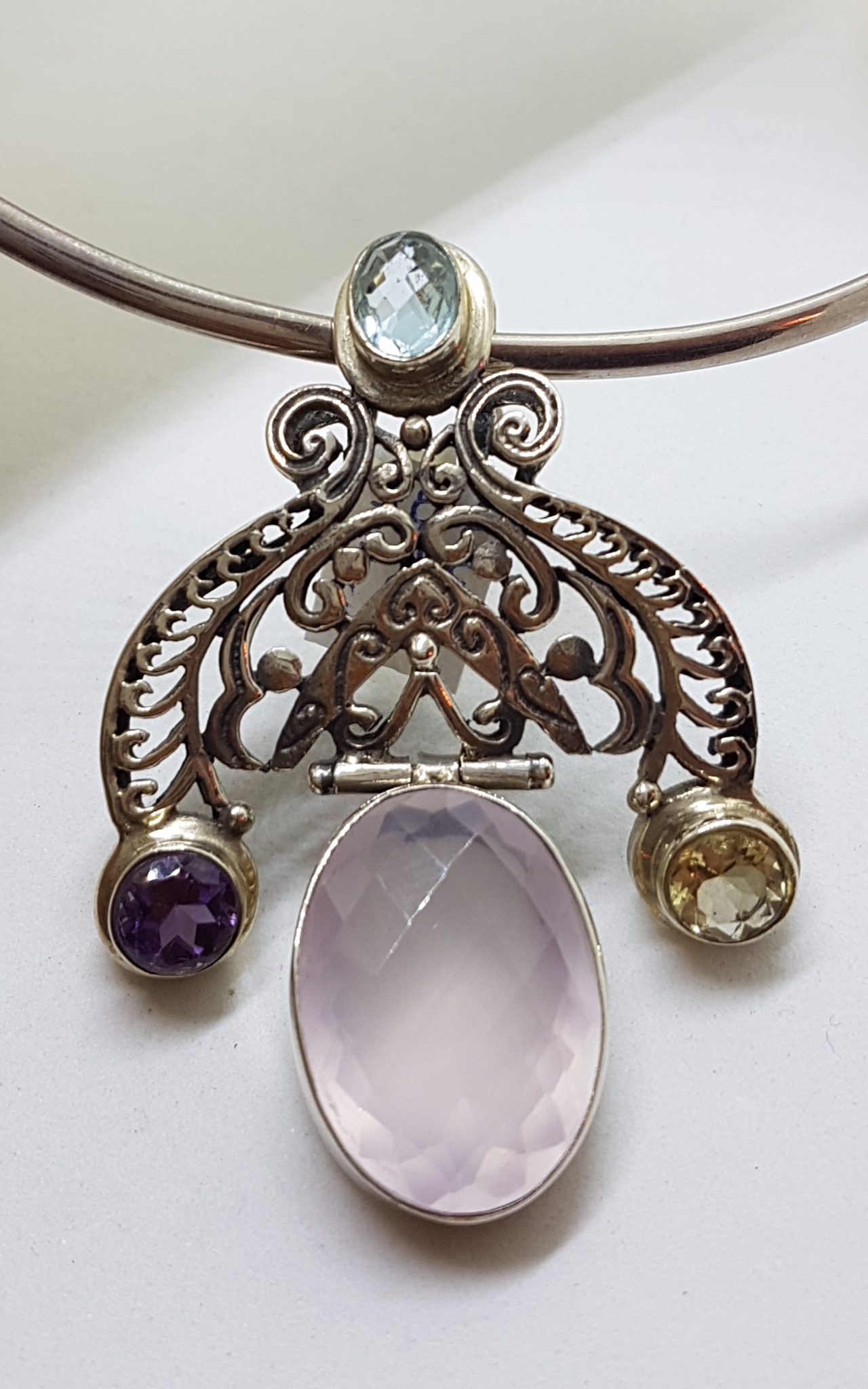 Sterling Silver Rose Quartz , Citrine, Amethyst and Topaz Pendant on Choker